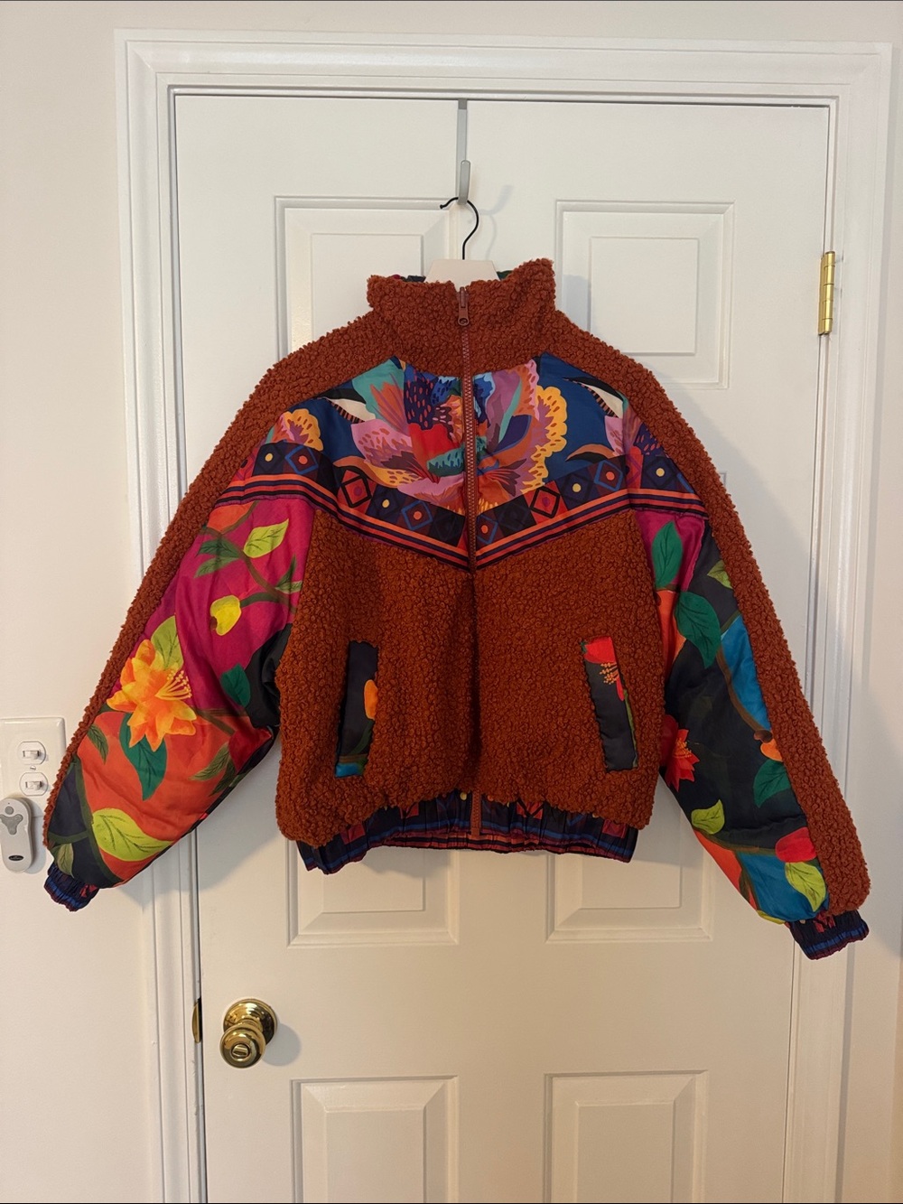 FARM Rio Rust Sherpa Jacket with Multicolor Floral Panels (OVERSIZED)